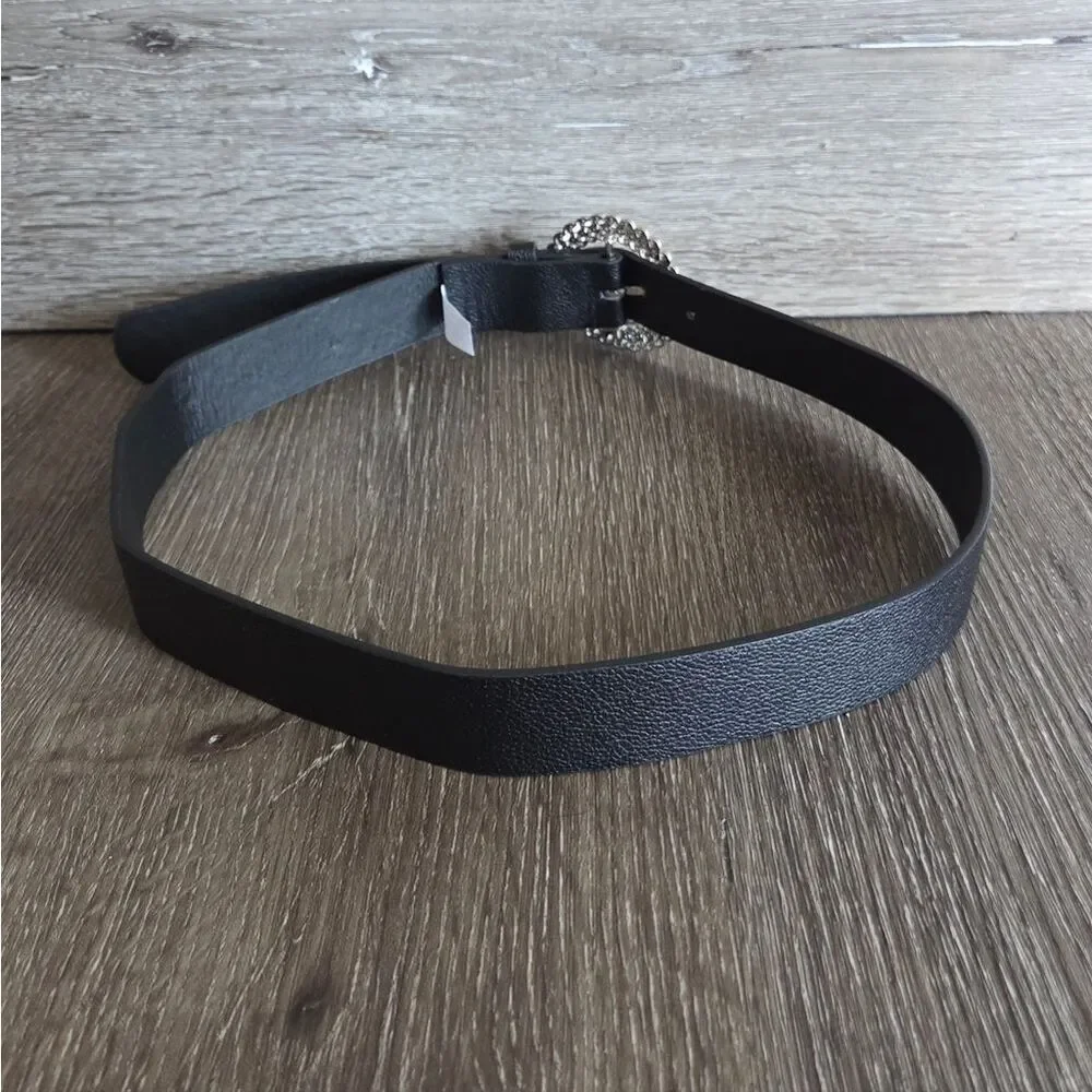Black Faux Belt with Silver Round Rhinestone Buckle 37.5
